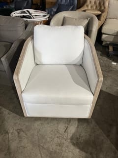 White Swivel Barrel Chair with Wood Trim Frame