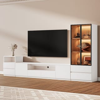 ATJafurn 122" White Modern 3-Piece Entertainment Center Set - TV Stand + Lighted Glass Display Cabinet + Drawer Cabinet, Fits 75" TVs photo 3
