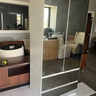Modern Mirrored Wardrobe Armoire with Hanging Rod - White Bedroom Storage Cabinet