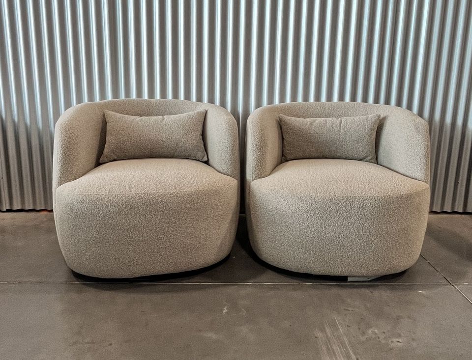 Grey Poly Blend Boucle Fabric Upholstered Swivel Armchair